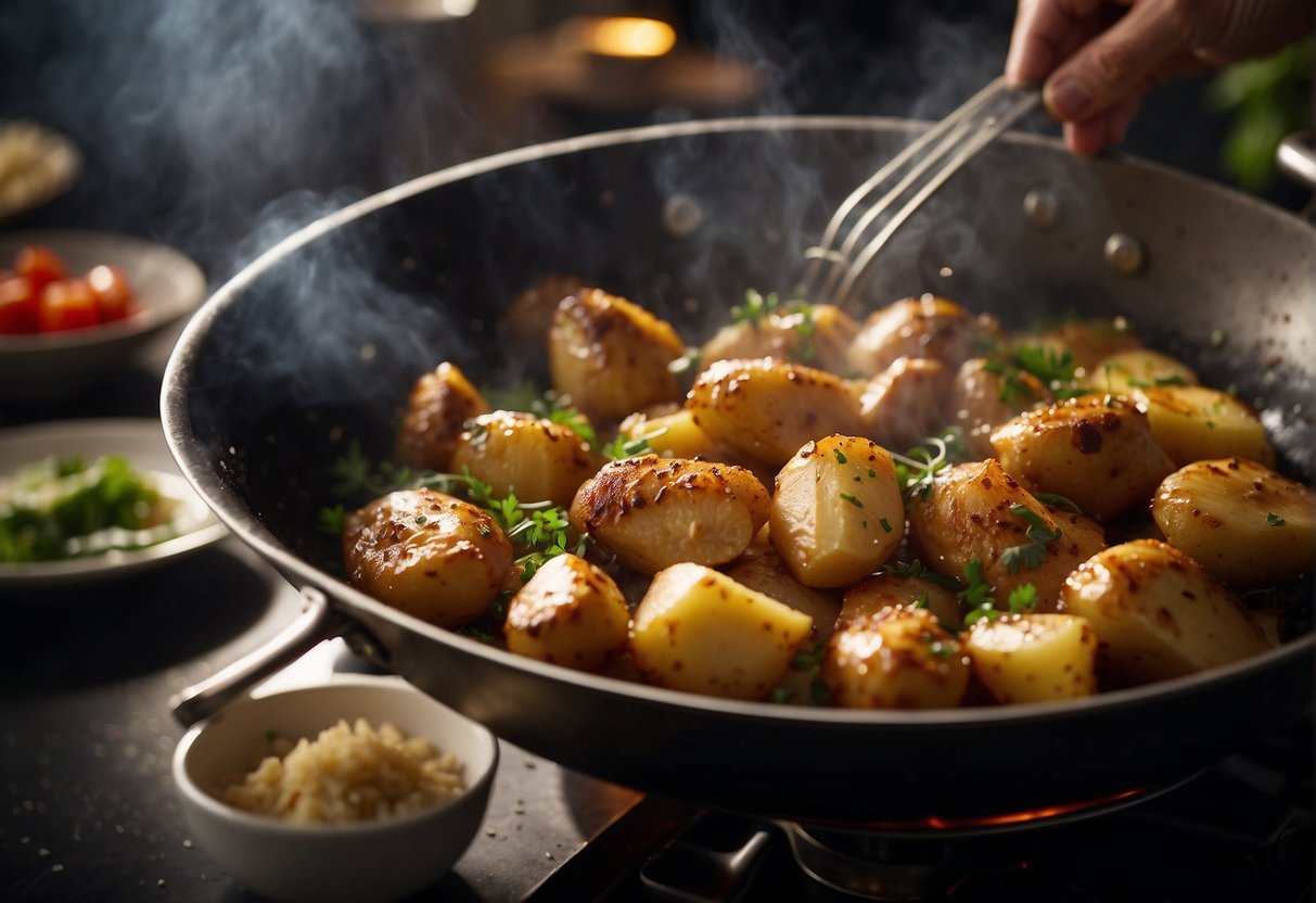 A chef mixes marinated chicken and potatoes in a wok, adding aromatic spices and sauces. Steam rises as the ingredients sizzle and cook over high heat