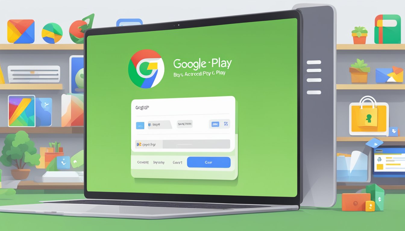 A computer screen displaying the Google Play store homepage with a "Buy Google Play Credit" button highlighted. A virtual cart with credit amount options and a checkout button