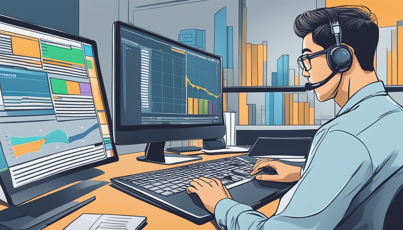 An investor sitting at a desk, using a computer to access a brokerage platform and purchasing corporate bonds in Singapore
