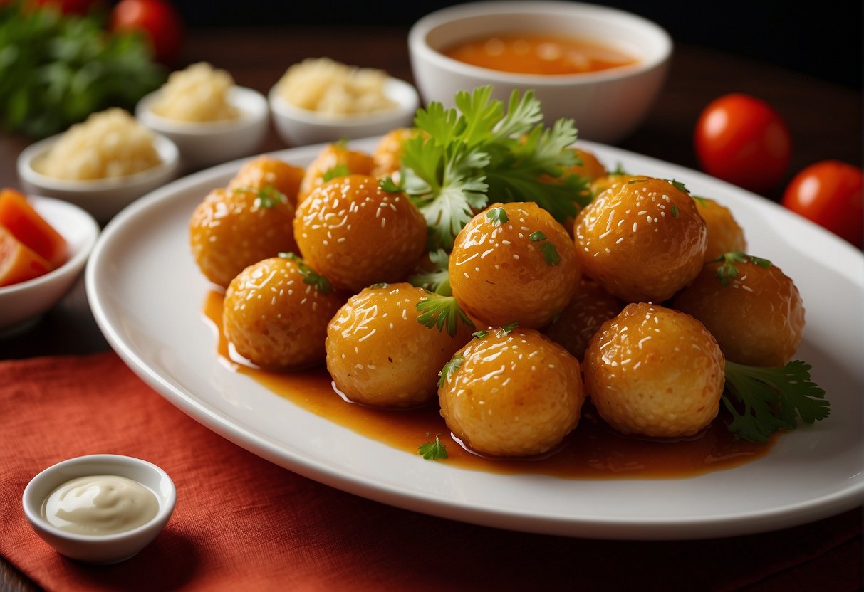 A platter of golden Chinese chicken balls, garnished with fresh cilantro and served with a side of sweet and sour sauce
