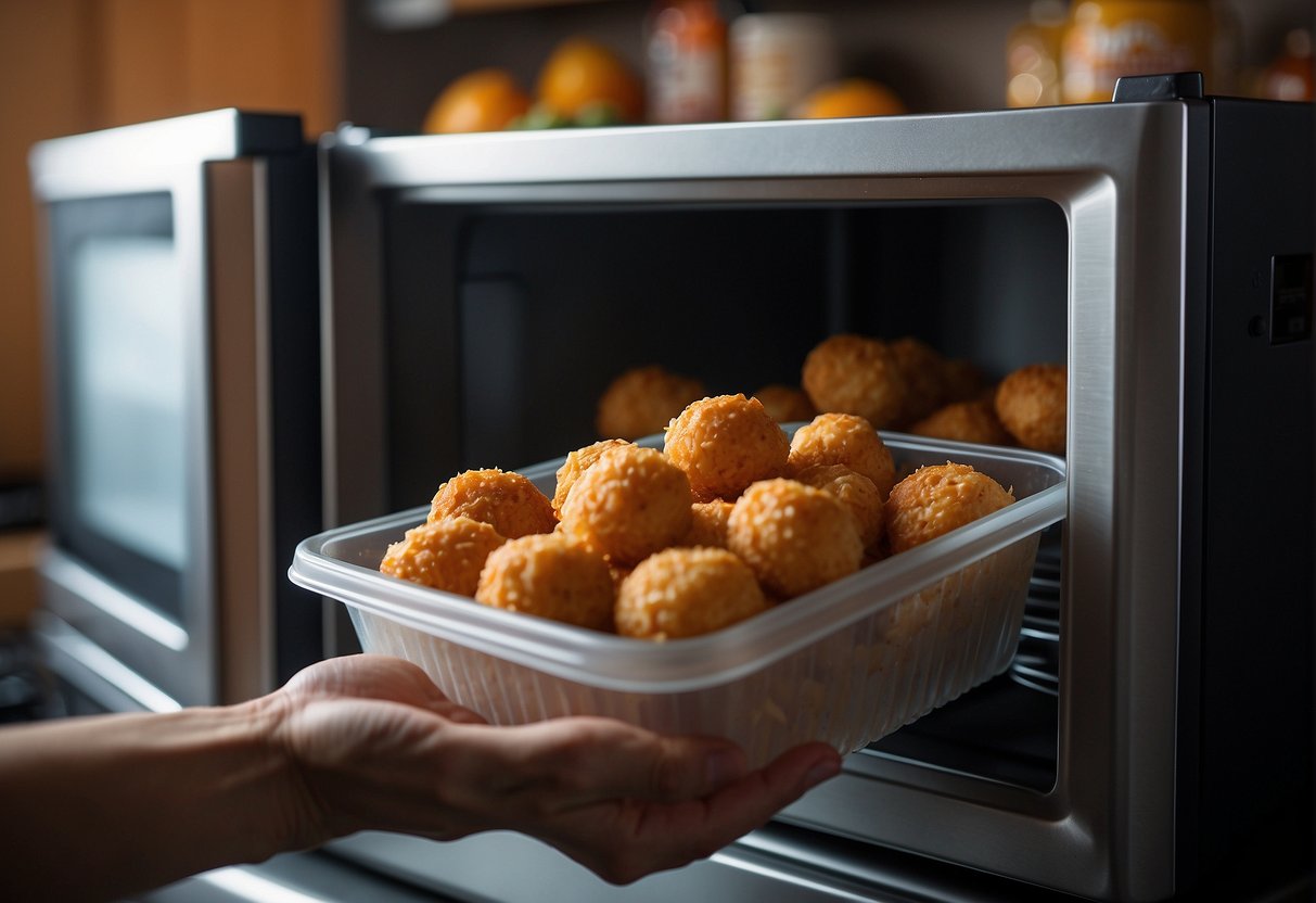 A hand reaches for a container of chinese chicken balls in a refrigerator. Another hand places the container in a microwave for reheating