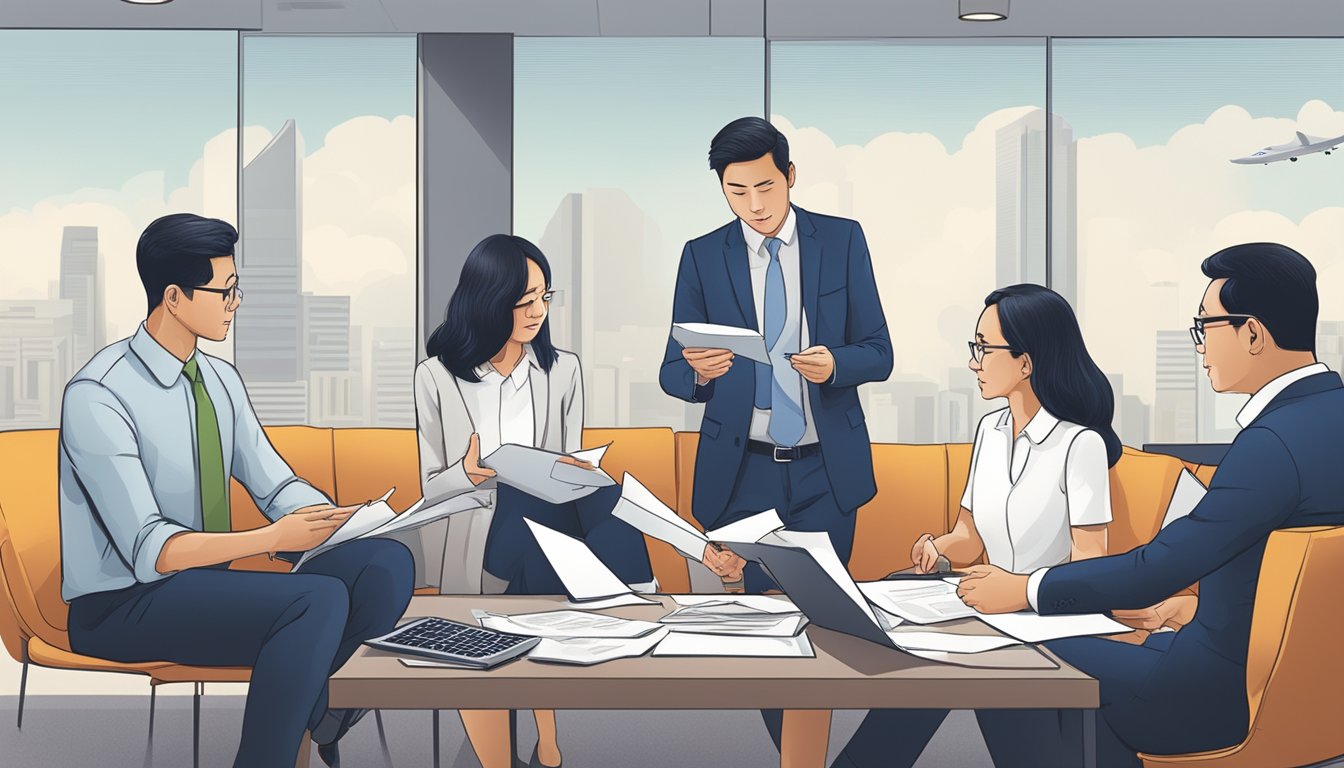 A group of people in a corporate setting discussing and exchanging documents related to buying corporate bonds in Singapore