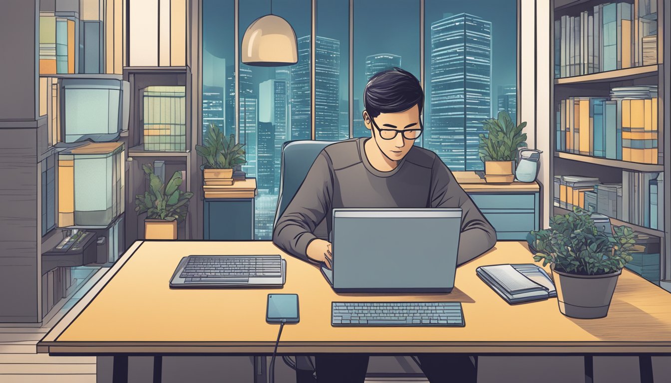 A person sitting at a desk with a computer, researching and purchasing corporate bonds online in Singapore