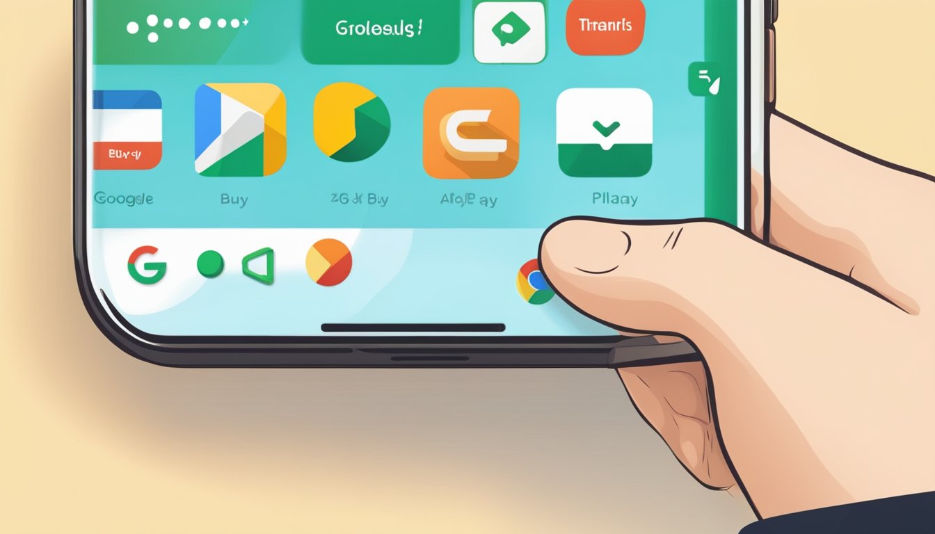 A hand reaches for a smartphone displaying the Google Play app. A "Buy" button is highlighted as the user redeems and uses Google Play credit for a purchase