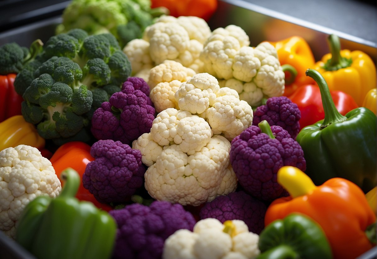 A colorful array of fresh cauliflower, vibrant bell peppers, and aromatic spices arranged on a clean kitchen counter
