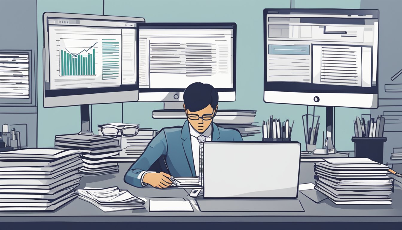 A person sitting at a desk, using a computer to search for information on buying corporate bonds in Singapore. A stack of papers and a pen are nearby