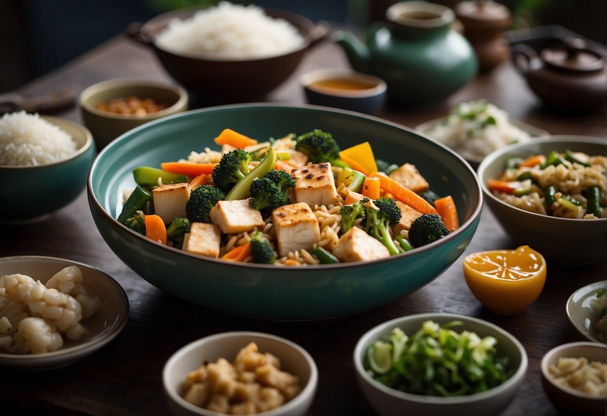 A table spread with colorful stir-fried vegetables, steamed fish, and fragrant rice. A wok sizzles with tofu and ginger. A teapot and cups complete the scene