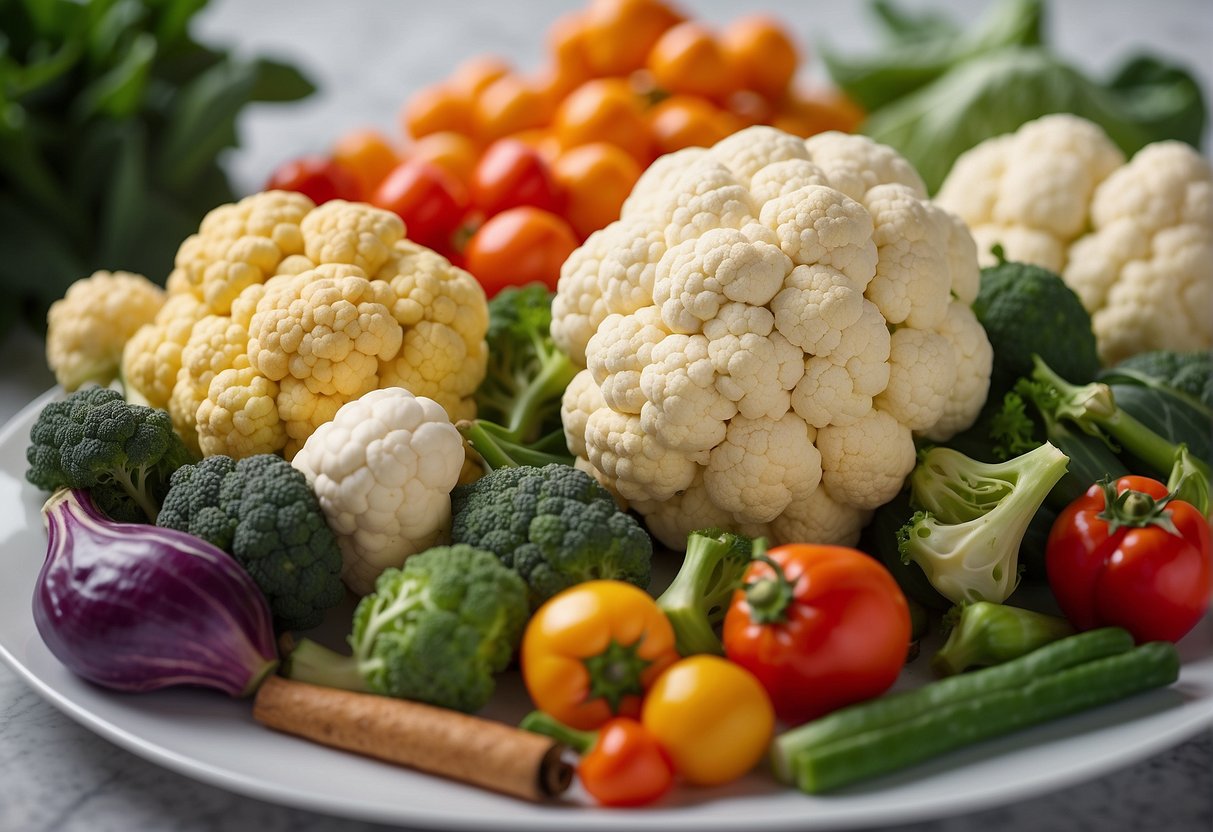 A colorful array of fresh cauliflower, vibrant vegetables, and traditional Chinese spices arranged on a clean, white kitchen counter