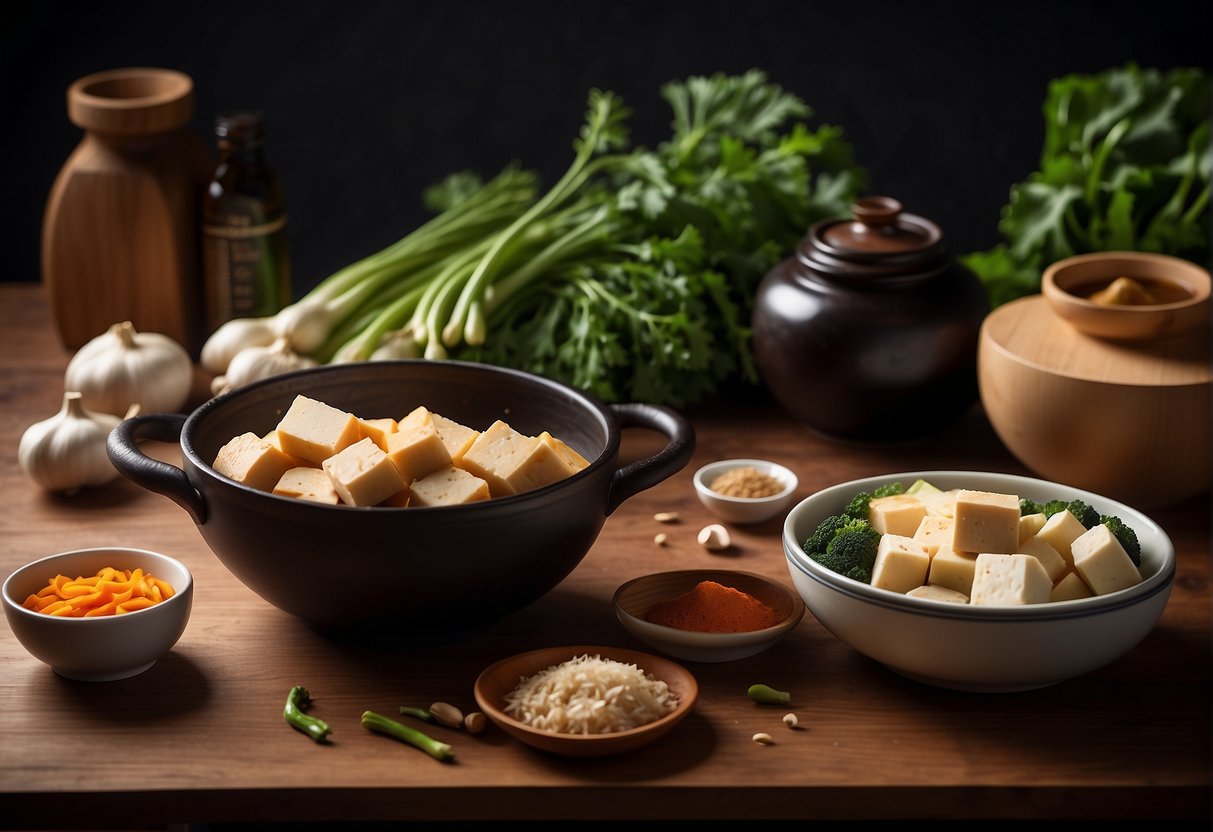 A table with fresh vegetables, tofu, soy sauce, ginger, and garlic. A wok and bamboo steamer sit nearby. Ingredients are neatly arranged for a Chinese cooking illustration