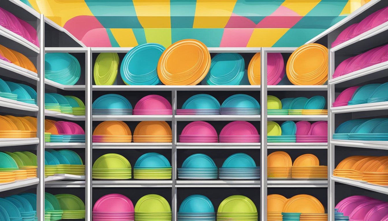 A colorful display of frisbees at a sports store in Singapore, with shelves neatly stocked and a bright, inviting atmosphere