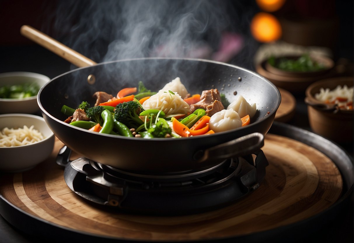 A wok sizzles over high heat, as a chef uses chopsticks to stir-fry vibrant vegetables and lean cuts of meat. A bamboo steamer sits nearby, filled with delicate dumplings