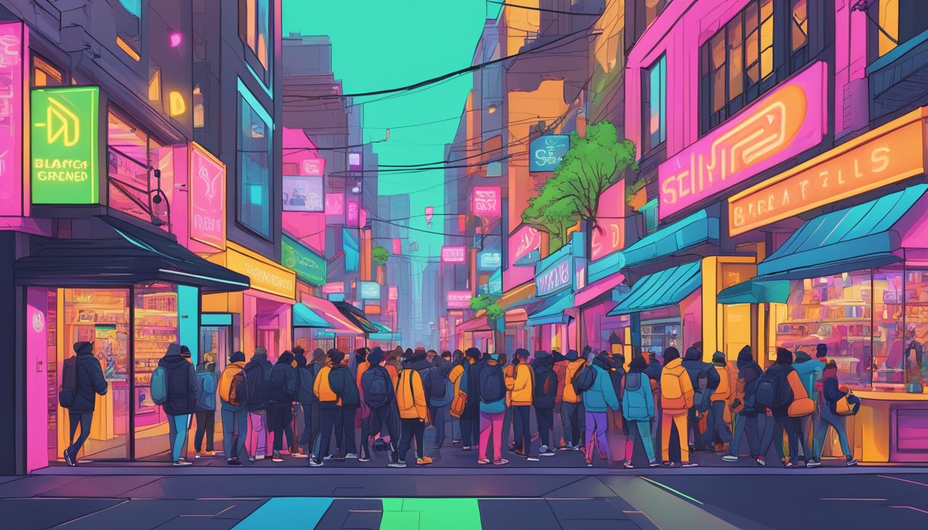 A crowded street lined with vibrant storefronts showcasing upcoming hypebeast brands. Neon signs and bold logos draw in a trendy crowd