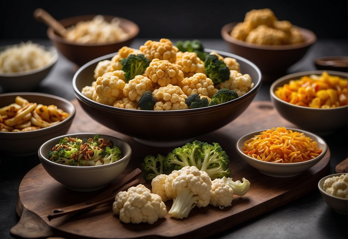 A table set with a variety of classic healthy cauliflower Chinese dishes, including stir-fries, steamed dishes, and roasted cauliflower with aromatic spices