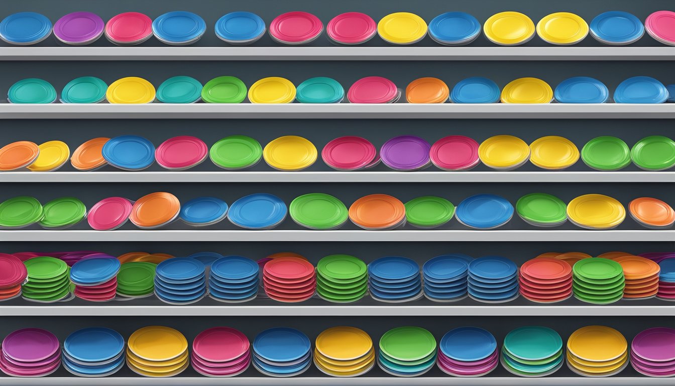 A display of colorful frisbees arranged neatly on shelves in a sports equipment store in Singapore