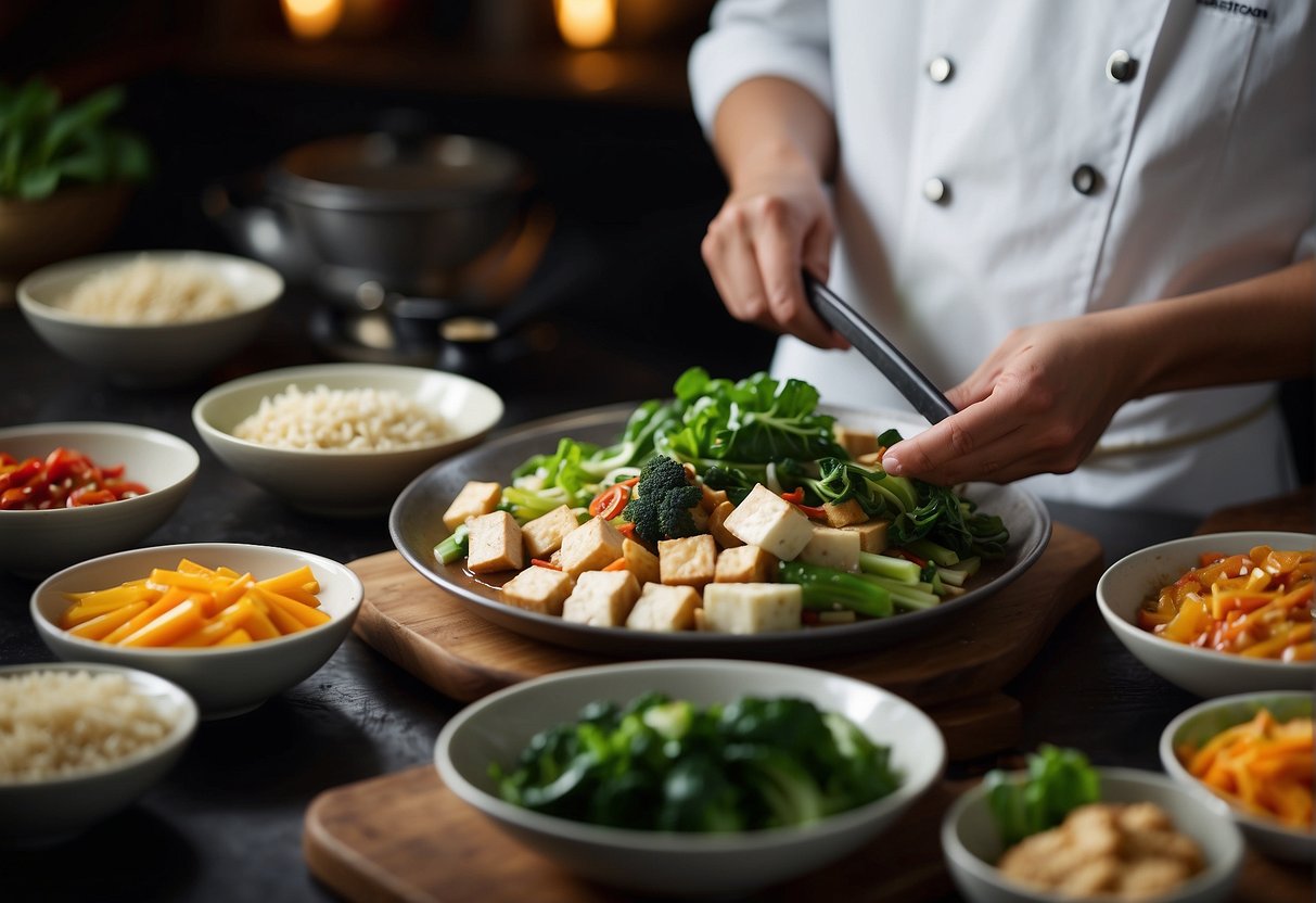 A table adorned with colorful, fresh ingredients like bok choy, ginger, and tofu. A wok sizzles with fragrant aromas as a chef prepares a healthy, authentic Chinese dish