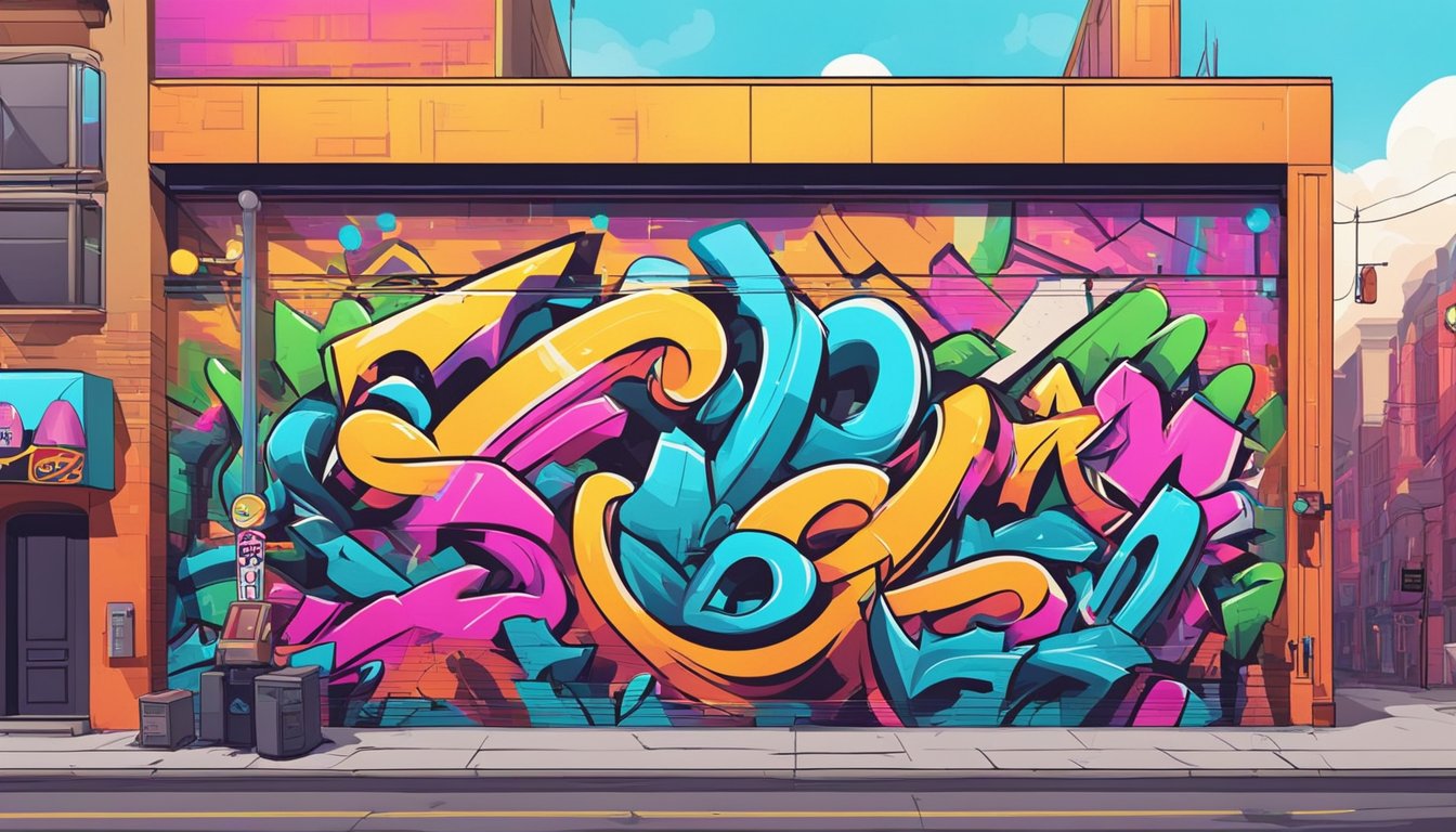 Vibrant graffiti-covered walls with bold logos and slogans. Trendy storefronts with neon lights and edgy designs. A bustling street filled with fashion-forward youth