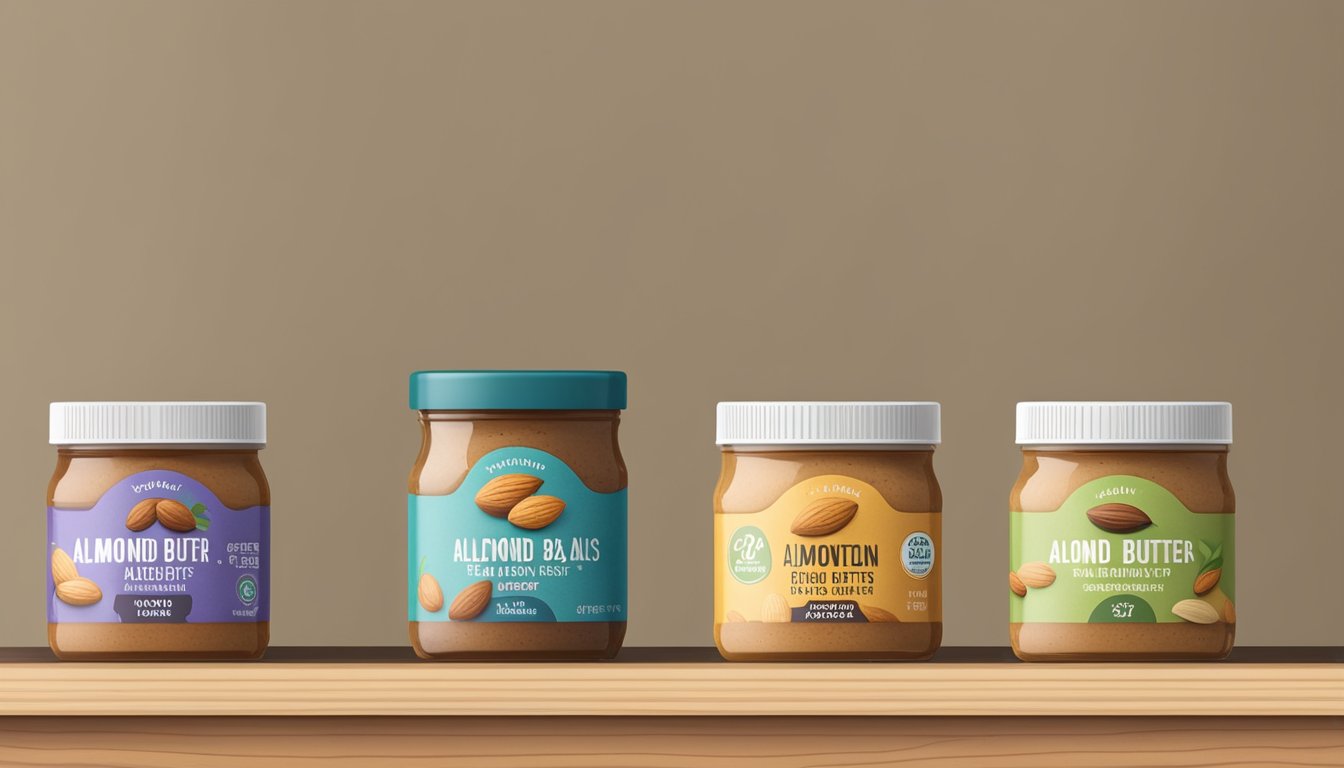 A variety of vegan almond butter jars displayed on a wooden shelf with natural lighting highlighting the different brand labels