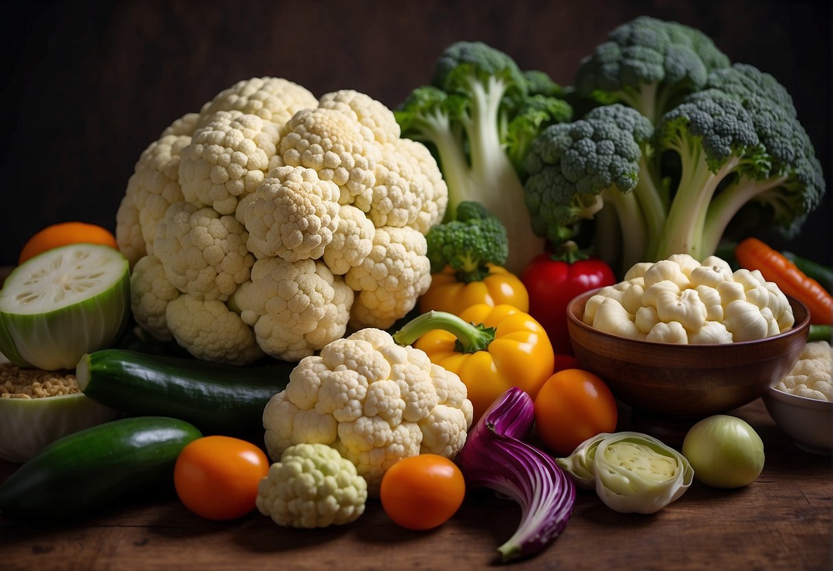 A colorful array of fresh cauliflower, vibrant vegetables, and nutritional information displayed alongside Chinese recipe books