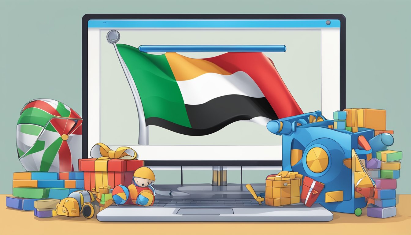 Toys displayed on a computer screen, with a cursor clicking "add to cart" button. UAE flag in the background