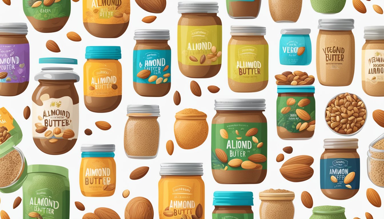 A table filled with jars of vegan almond butter, surrounded by various nuts and seeds. Bright, colorful packaging and labels indicate different brands