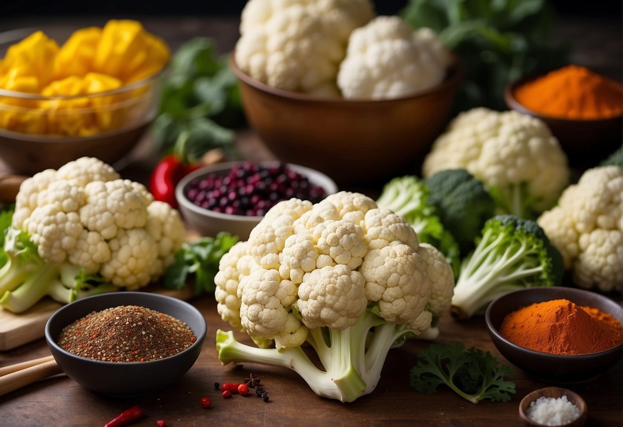 A colorful array of fresh cauliflower, vibrant Chinese spices, and various cooking utensils arranged on a clean, well-lit kitchen countertop