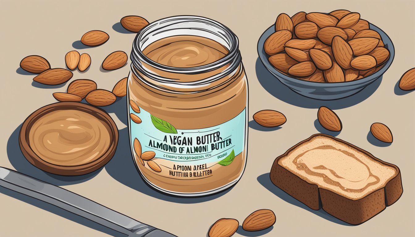 A jar of vegan almond butter surrounded by fresh almonds, a spoonful spread on toast, and a nutrition label highlighting health benefits