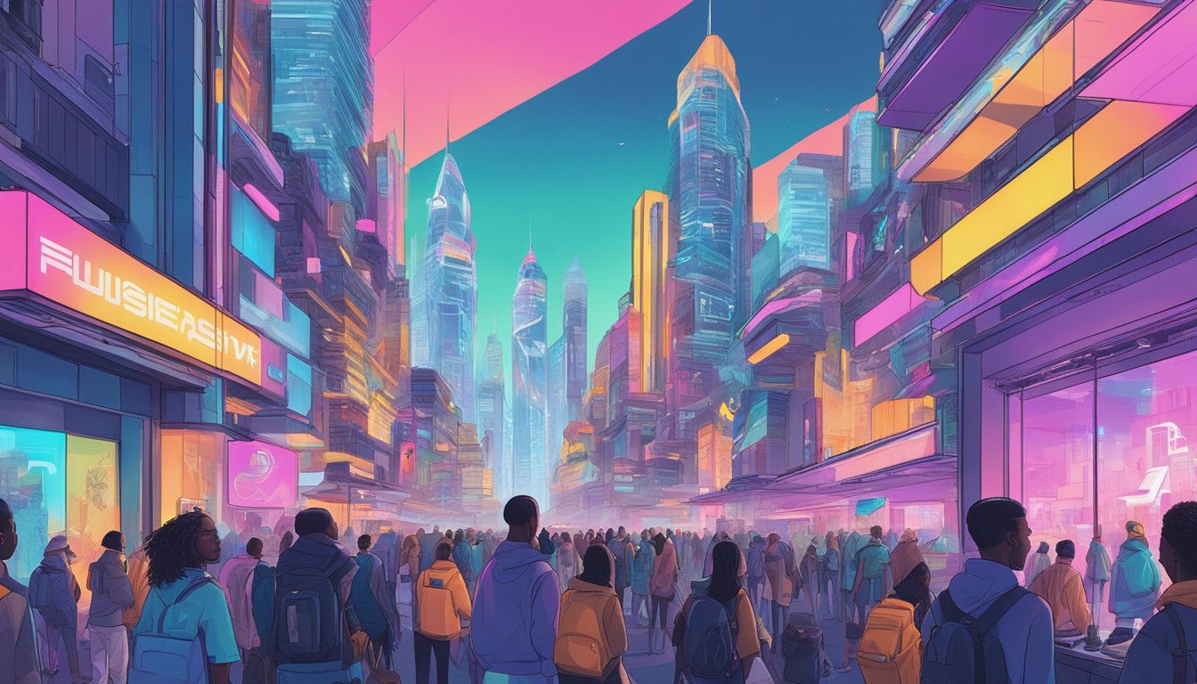 A vibrant cityscape with futuristic architecture, featuring prominent hypebeast brand logos and symbols projected onto buildings. The scene is bustling with young, stylish individuals eagerly anticipating the latest releases