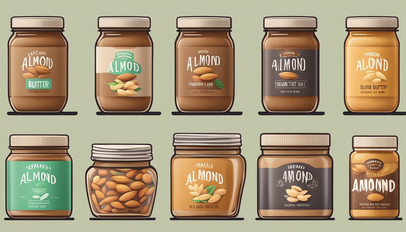A display of various vegan almond butter brands with labels and jars arranged neatly on a wooden table