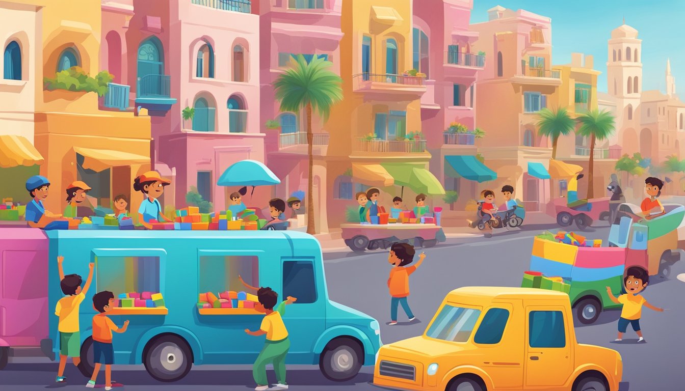 Children happily clicking on colorful toys on a computer screen. Delivery trucks wait outside a vibrant UAE cityscape