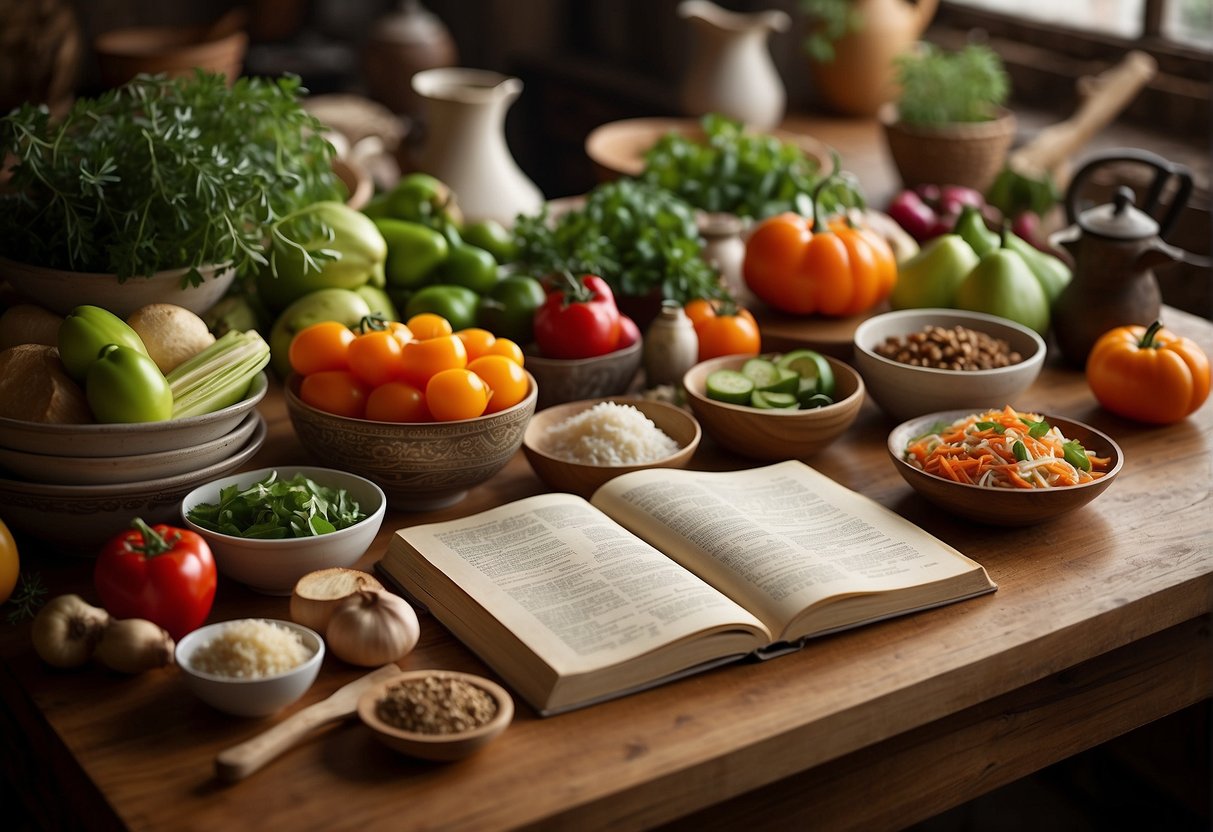 A table filled with colorful, fresh ingredients and cooking utensils, with a cookbook open to a page titled "Frequently Asked Questions healthy authentic Chinese recipes."