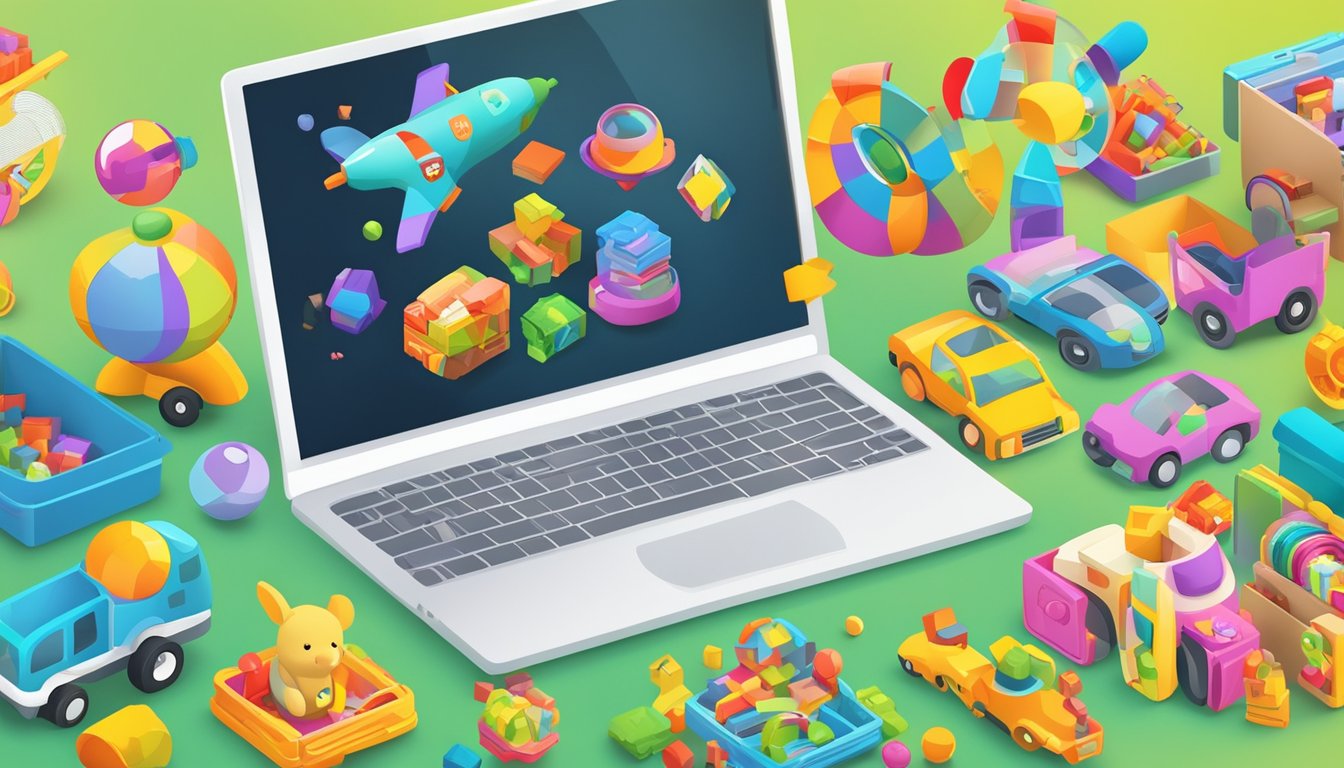A colorful array of toys fills a virtual shopping cart on a computer screen, surrounded by playful graphics and the words "Explore the World of Toys buy toys online uae."