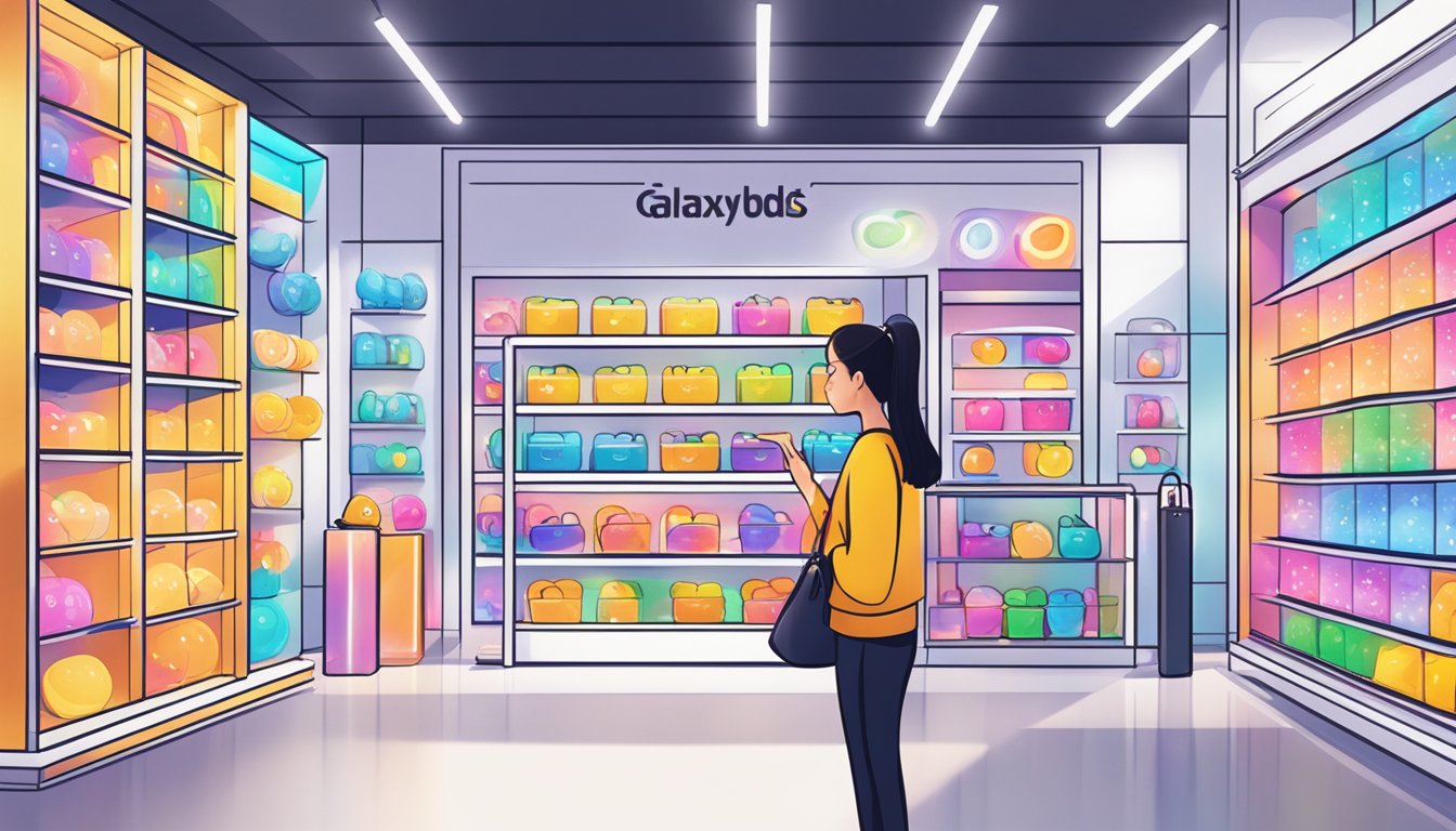 A brightly lit electronic store display showcasing Galaxy Buds in Singapore