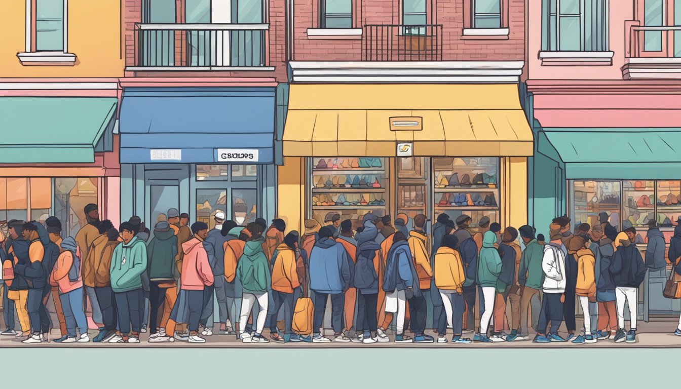 A crowded street with trendy storefronts, people lined up, and a sense of anticipation for the release of new hypebeast brands