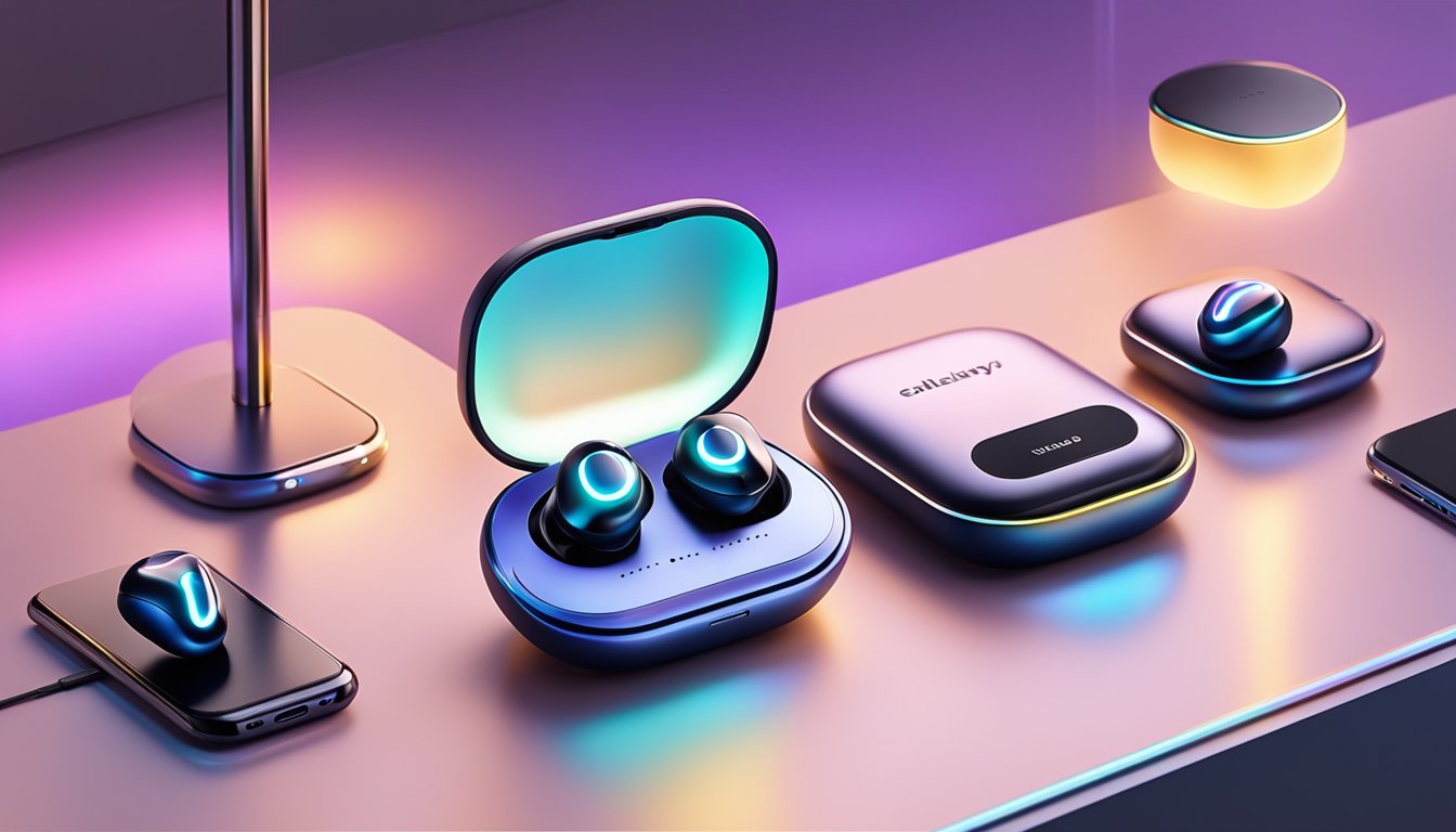 A pair of Galaxy Buds sits on a sleek display stand in a modern electronics store, surrounded by other high-tech gadgets. Bright lights highlight the sleek design and advanced features of the wireless earbuds