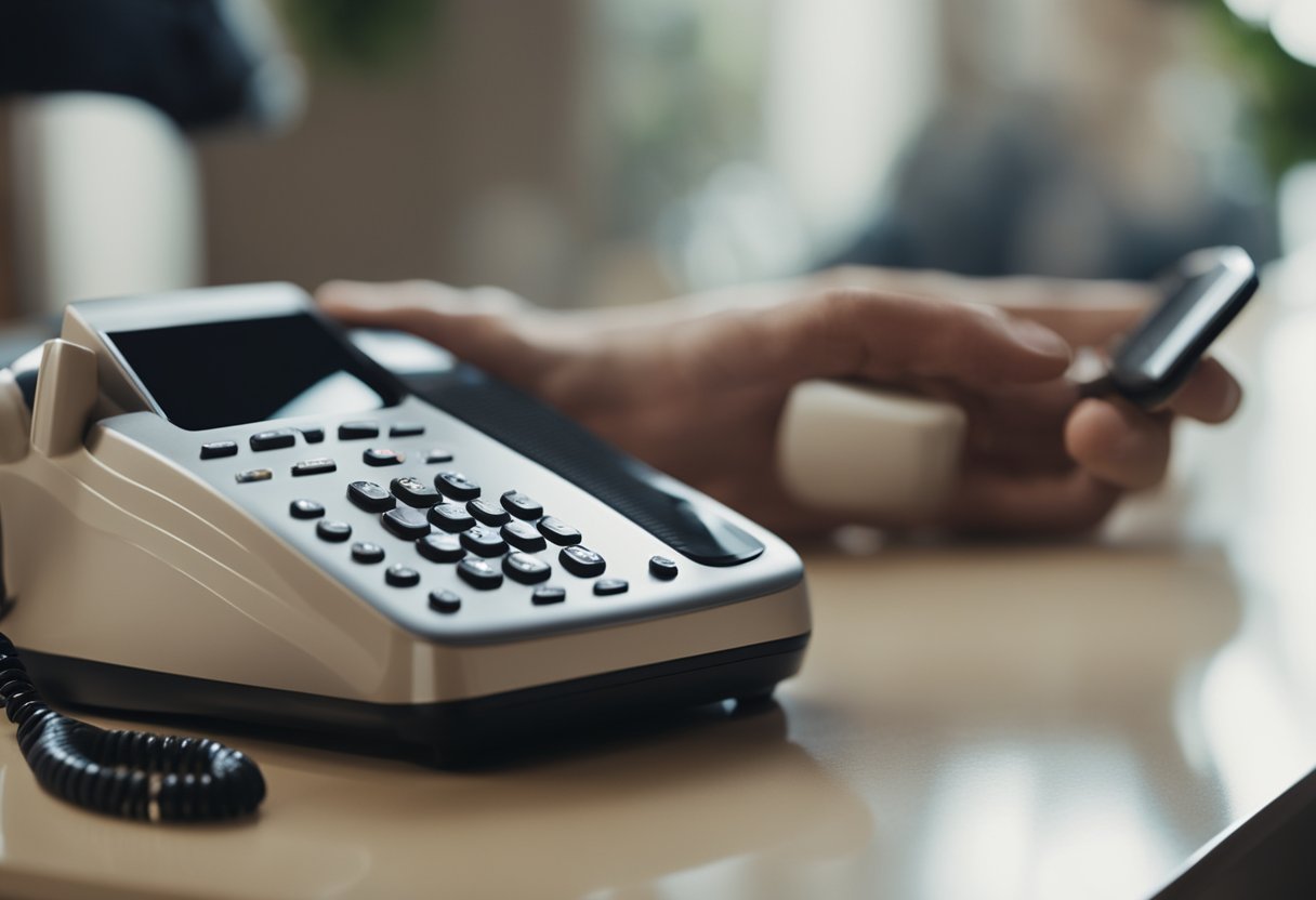 A person picking up the phone, dialing a number, and speaking to a representative about reporting abuse in an assisted living facility