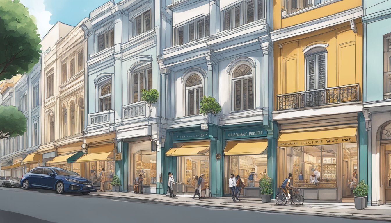 A bustling street in Singapore with vibrant storefronts, showcasing the latest Glycine watches. The display windows are filled with elegant timepieces, drawing in passersby with their sleek designs and precision craftsmanship