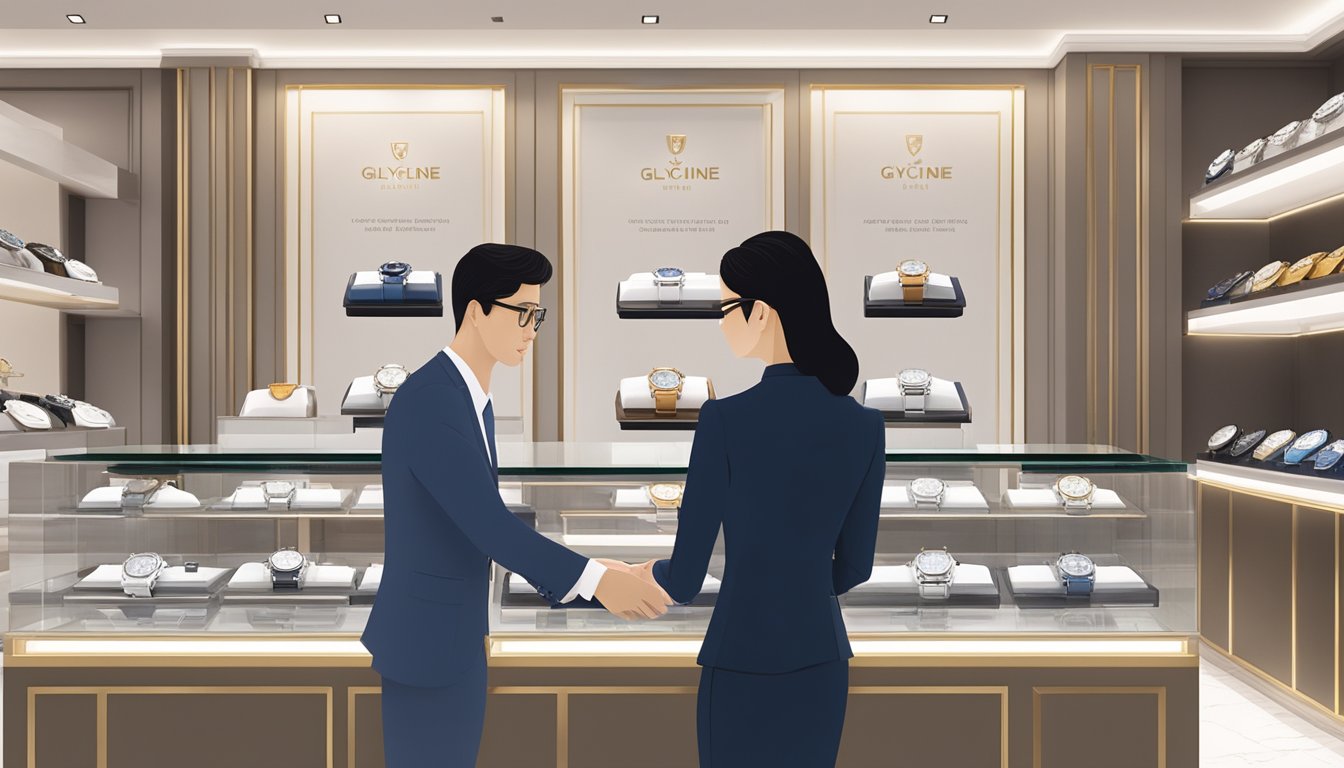 A customer browsing a display of Glycine watches at a luxury watch boutique in Singapore. The sales associate assisting with the purchase