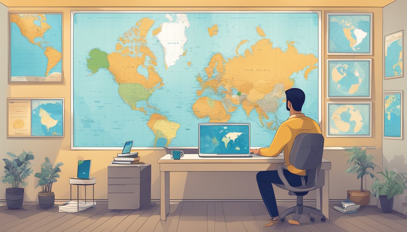 A traveler sits at a computer, browsing various travel insurance options online. A world map hangs on the wall behind them, showcasing potential destinations