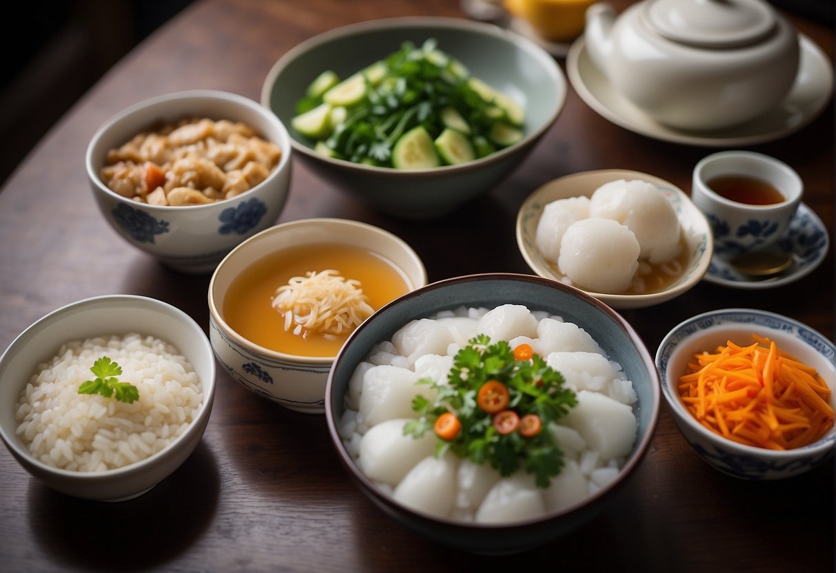 A table set with steaming bowls of congee, plates of steamed buns, and cups of hot tea. Fresh fruits and pickled vegetables add color to the scene