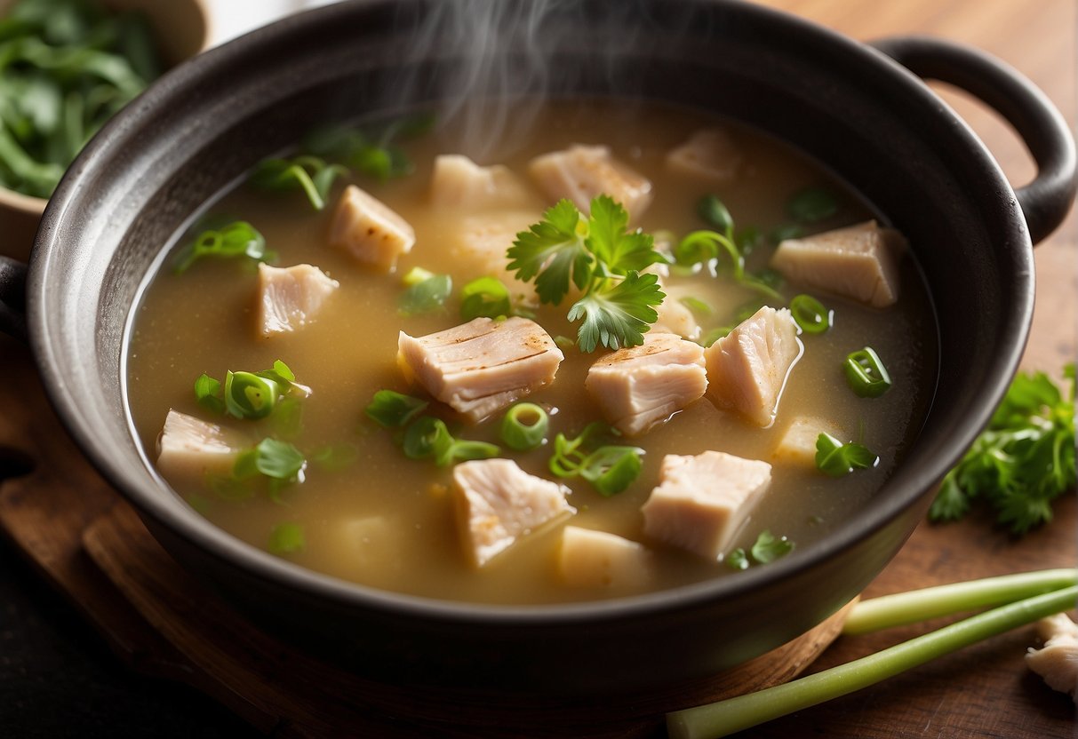 A steaming pot of Chinese chicken broth simmers with ginger, scallions, and star anise. The rich aroma fills the kitchen, promising a comforting and nourishing meal