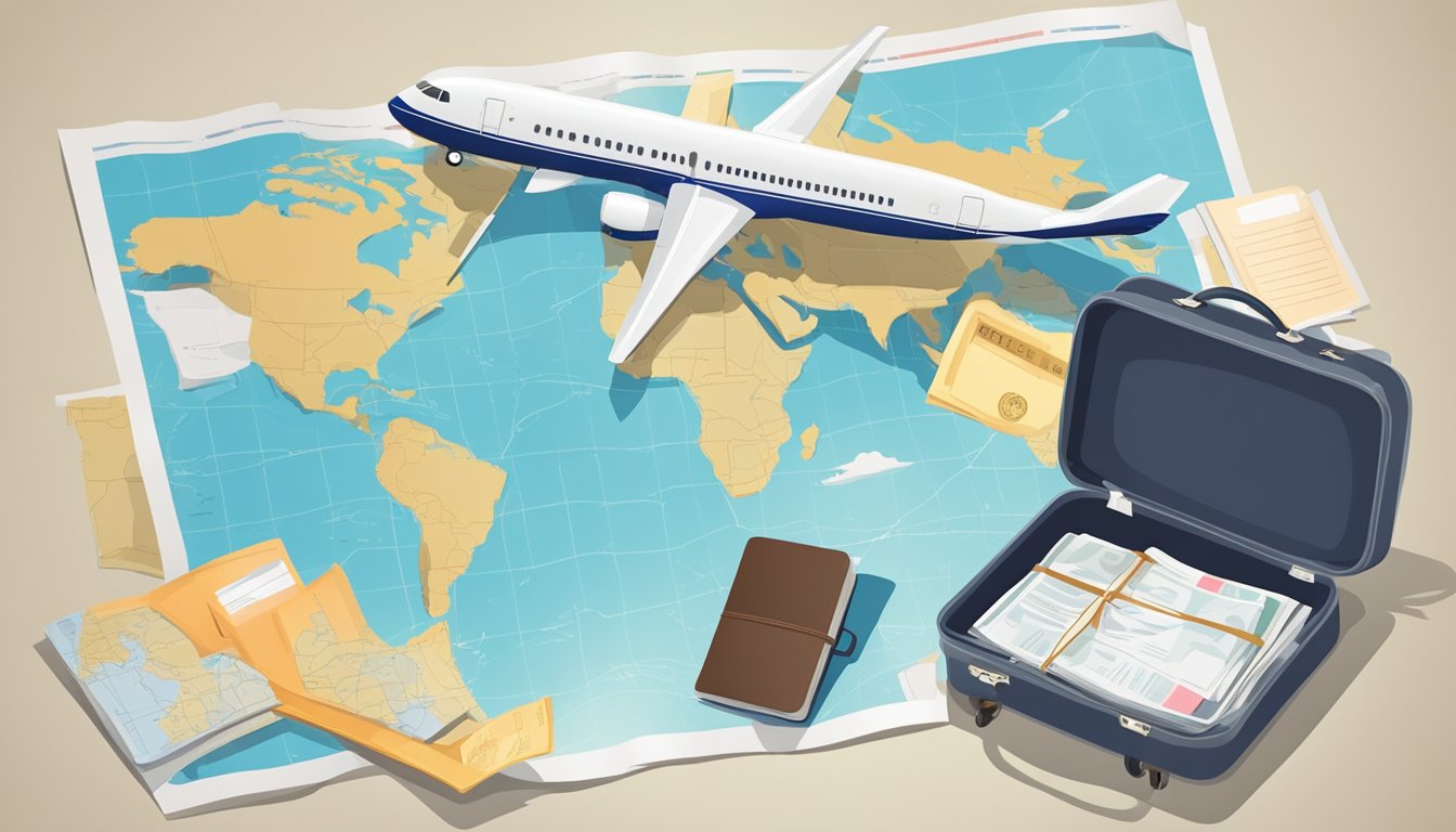 A suitcase and passport on a map with a plane ticket and travel insurance documents nearby