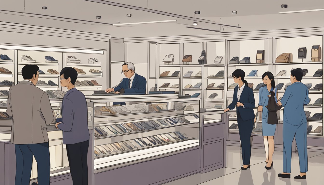 A bustling watch store in Singapore, shelves lined with Glycine timepieces. Customers browse, while a salesperson assists a curious shopper