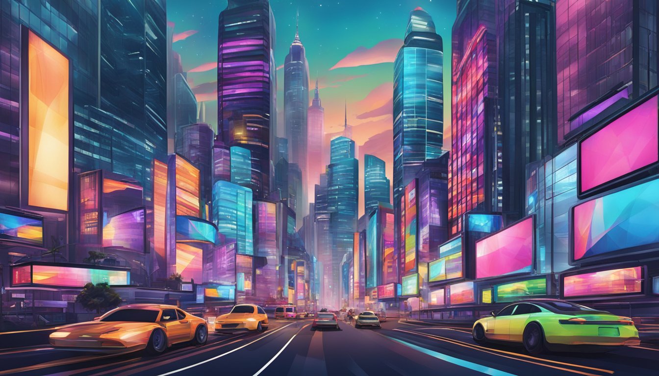 A vibrant cityscape with skyscrapers and billboards featuring the Vertigo clothing brand. Bright lights and bustling streets add to the urban atmosphere