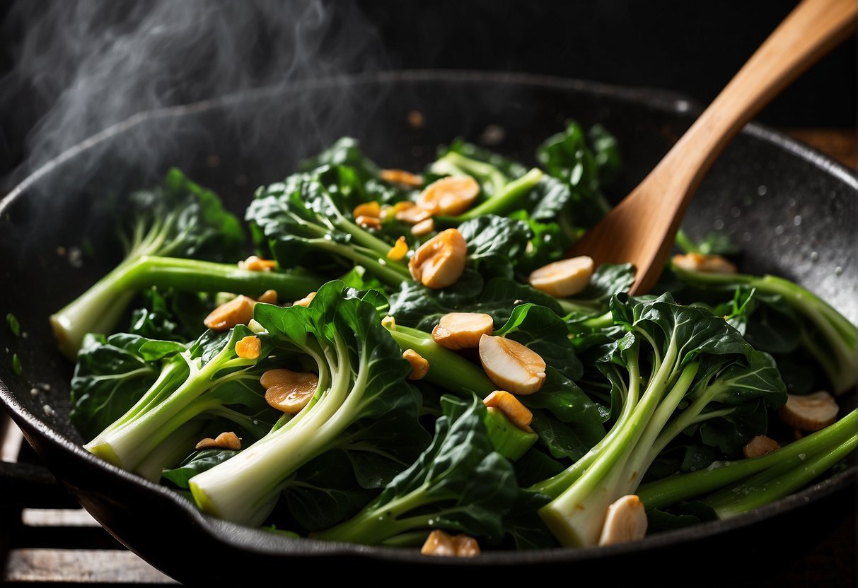 Fresh Chinese broccoli being washed, cut, and stir-fried with garlic and ginger in a sizzling wok, finished with a drizzle of oyster sauce