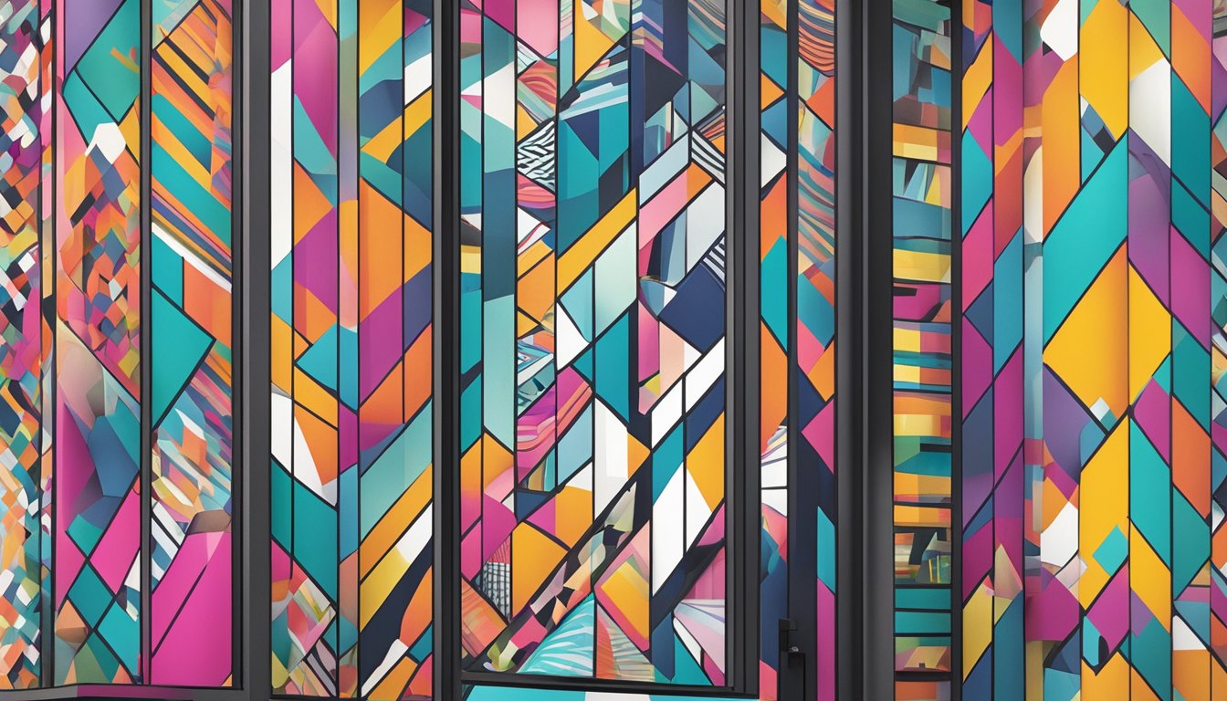 A colorful array of abstract patterns and bold graphics fill the display window of Vertigo's Signature Styles clothing brand