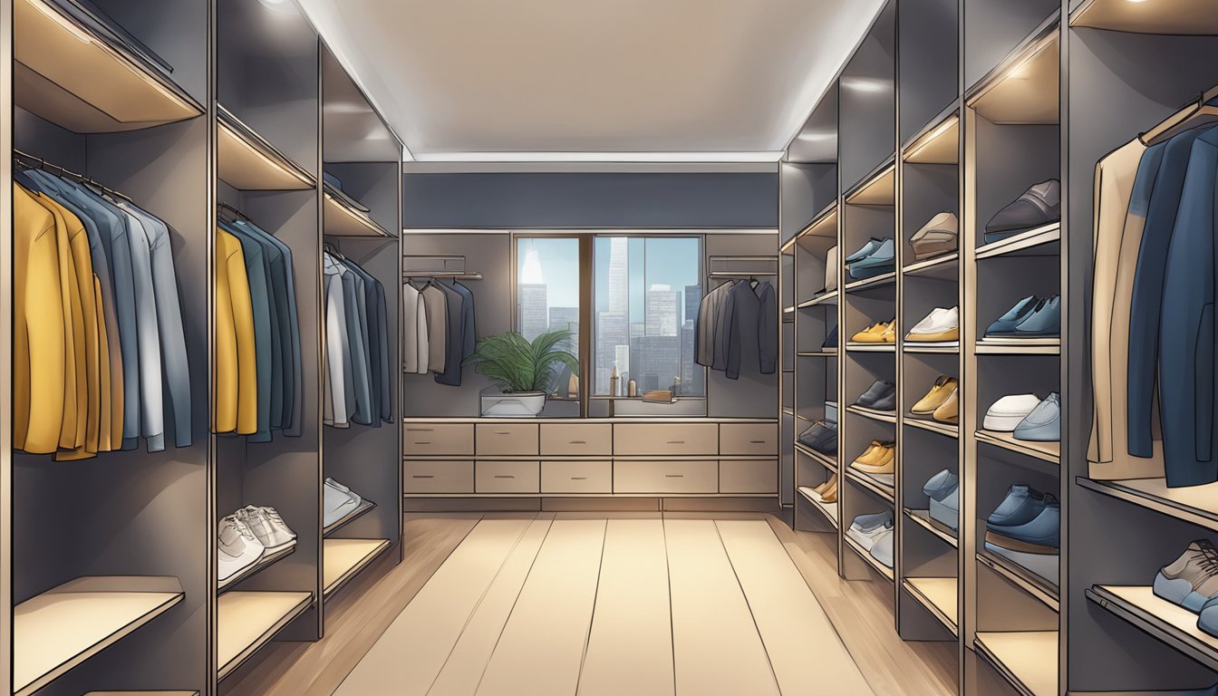 A display of stylish clothing items from Vertigo brand, arranged neatly on shelves with soft lighting highlighting their quality and design