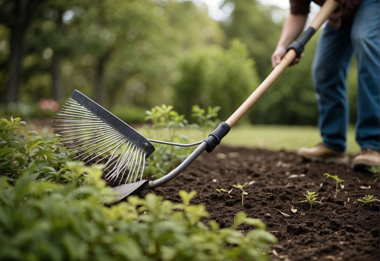 A gardener uses a long-handled rake to carefully remove brush and debris, creating a clear and open yard to deter copperheads