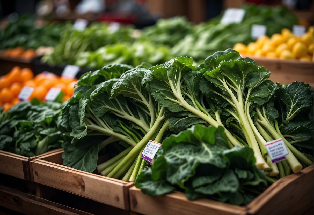 Fresh Chinese broccoli being selected from a vibrant market display. A variety of colorful vegetables and herbs surround the main focus