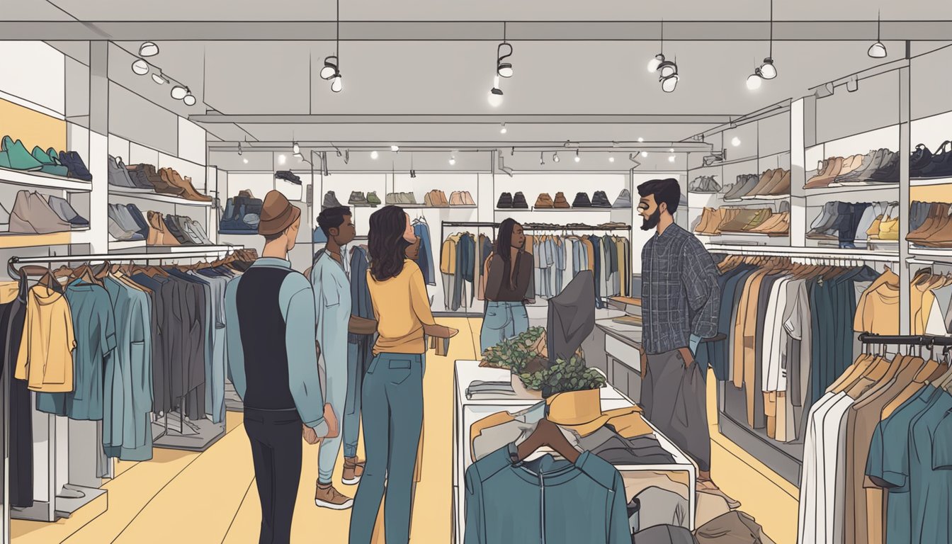 A crowded store with customers browsing racks of trendy clothing. A sign above reads "Frequently Asked Questions" for the vertigo clothing brand