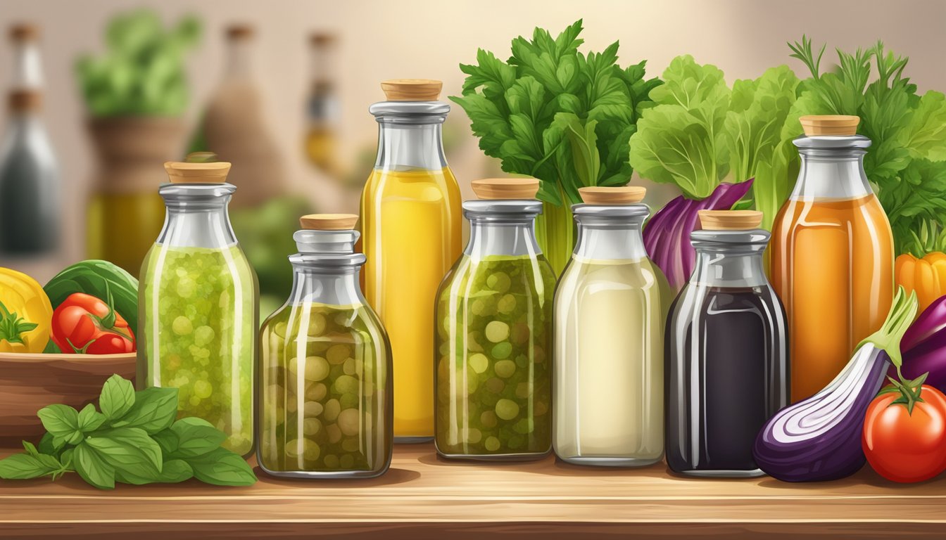Various vinaigrette dressing bottles arranged on a wooden table with fresh herbs and colorful vegetables in the background